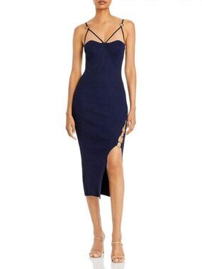NICHOLAS Jules Rib Knit Cage Ring Hardware Dress Midnight Blue / Size Large